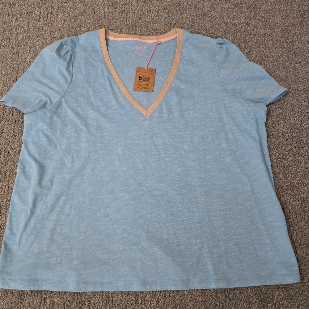 Boden Blue Slub Cotton V-Neck Metallic Trim Puff Sleeve T-Shirt US 16-18 NWT
